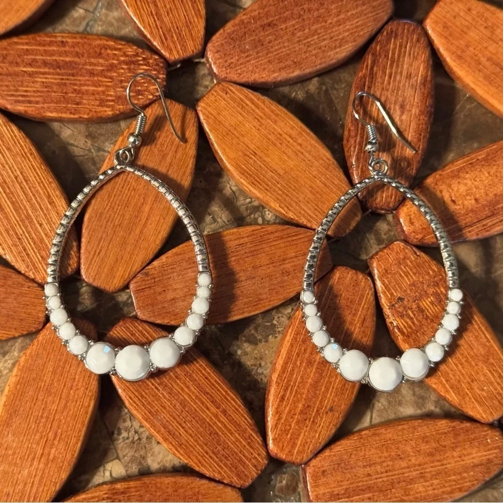 Boho Western Silver & White Beaded Teardrop Earrings